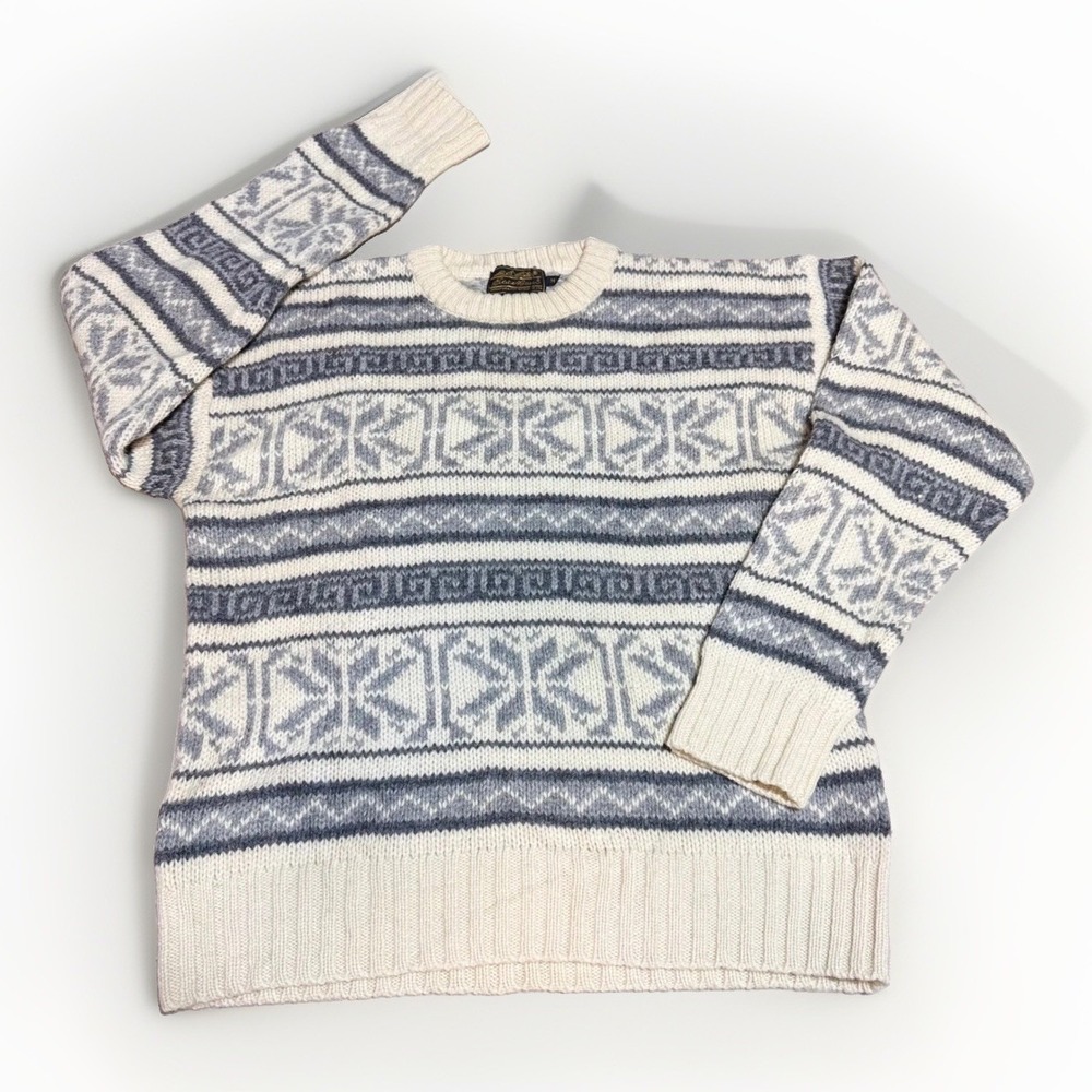 Eddie Bauer Wool Sweater Mens Medium Fair Isle Snowflake Grey Cream Vintage USA
